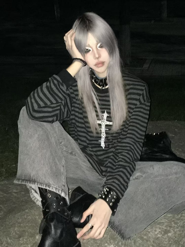 Sweatshirt with Gothic Black Print Gray Striped Cross