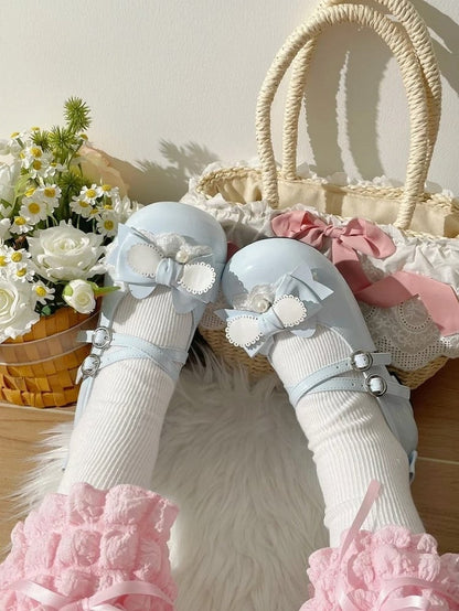 Round Bunny Lolita Mary Accents Low-heel Blue Janes Closure Snap Sweet Bow Themed with