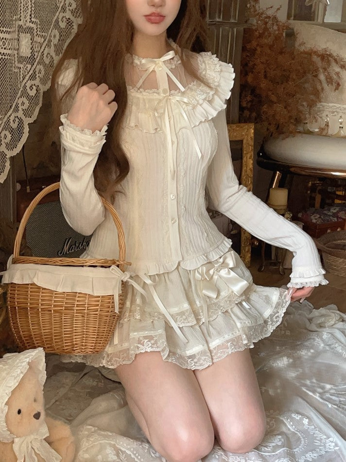 Vintage Strickschleife Weiße Strickjacke Rüschenspitze