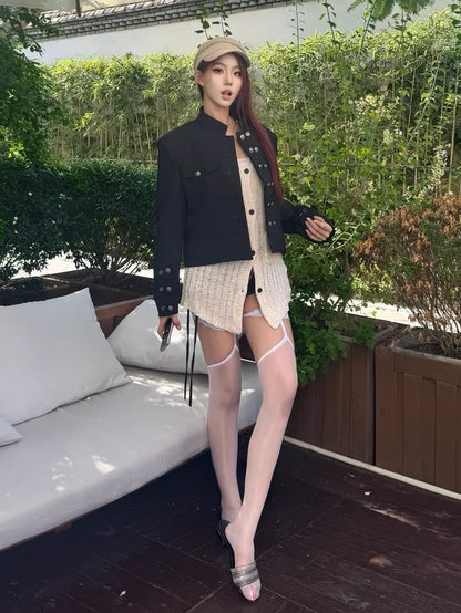 Stripe Black with Unisex Double-breasted Shoulders Padded Mock Button Placket Jacket Neck