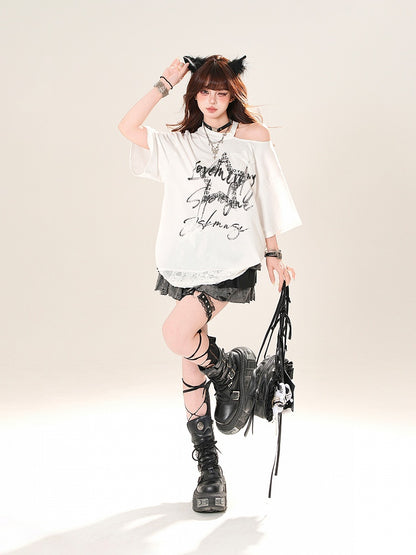 カットアウトショルダー、ダメージ加工ホールヘム、グラフィックTシャツ、ブラック/ホワイト