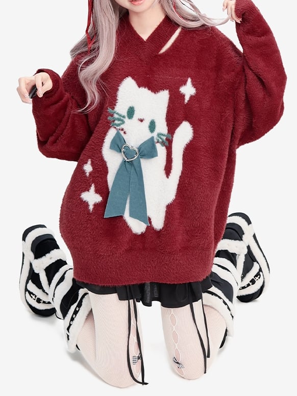 Weicher Pullover mit roter Katze und Schleife im Weihnachts-V-Ausschnitt