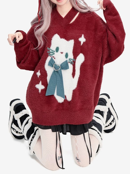 クリスマスレッドキャットリボンVネックソフトセーター