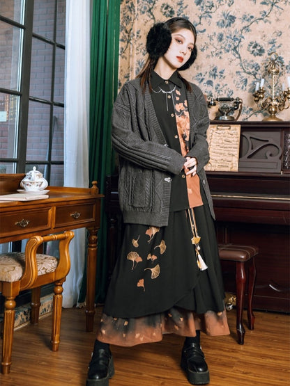 Cheongsam with Skirt Asymmetrical Layers Black Print Gothic Ginkgo Orange