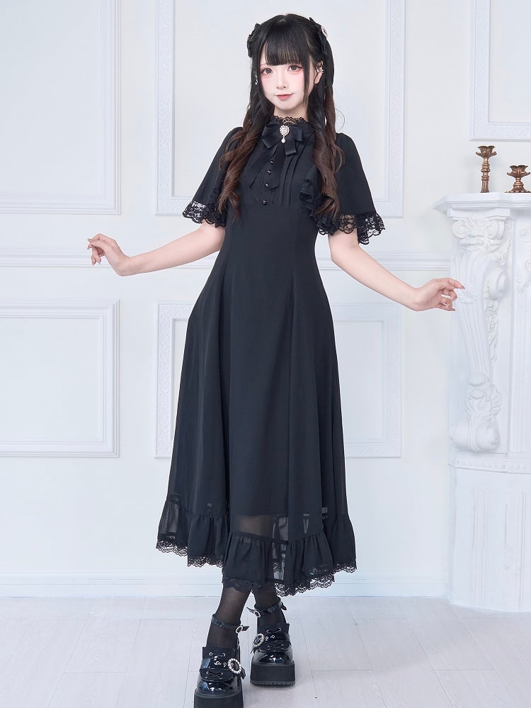 Lace Trim Long Dress with Free Bowknot Brooch Jirai Kei All Black