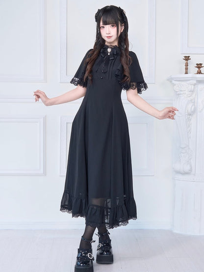 Lace Trim Long Dress with Free Bowknot Brooch Jirai Kei All Black