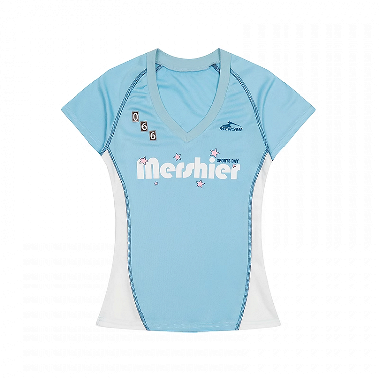 Vネック スリムフィットTシャツ ブルー＆ホワイト カラーブロックデザイン