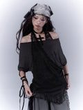 T-Shirt Neckholder Schwarz Kreuz Strass Gebogener Saum