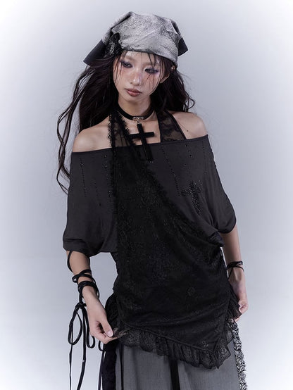 T-Shirt Neckholder Schwarz Kreuz Strass Gebogener Saum