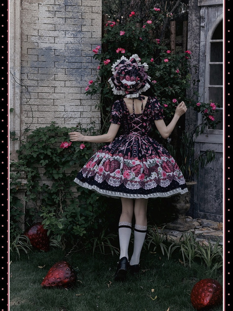 Black Strawberry Square Neck Puff Sleeve Lolita OP