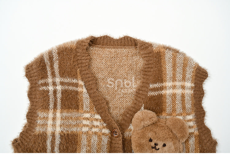 Brown Cute Cookie Bear Adorned Plaid Vest