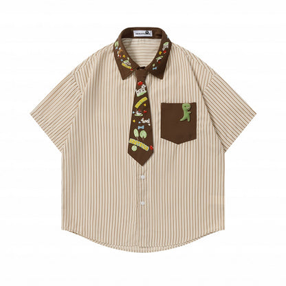 Apricot Striped Puppy Embroidered Tie Shirt - Languid Park