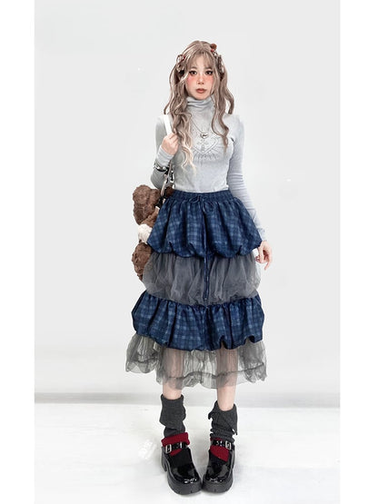Blue Plaid Pattern Patchwork Tiered Bubble Skirt