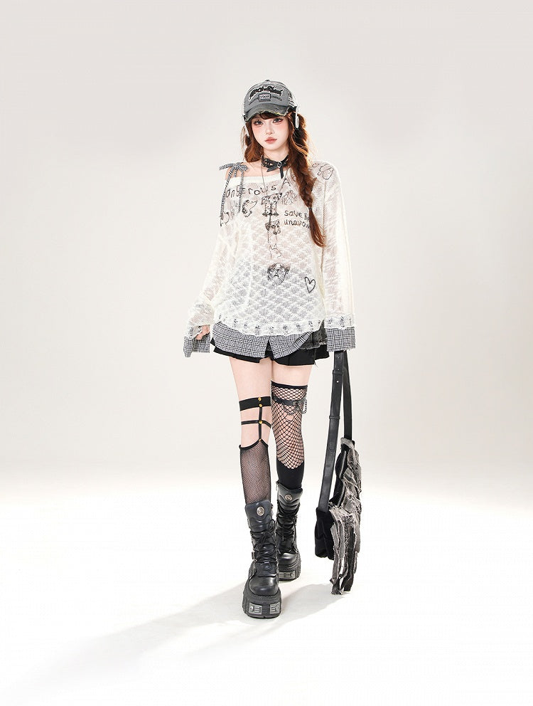 Asymmetrical Neckline Puppy Print Beige/Black Plaid Hem