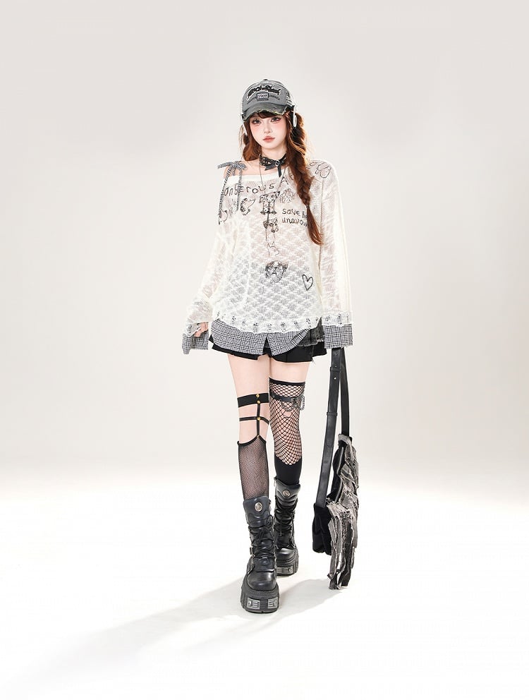 Asymmetrical Neckline Puppy Print Beige/Black Hem Plaid