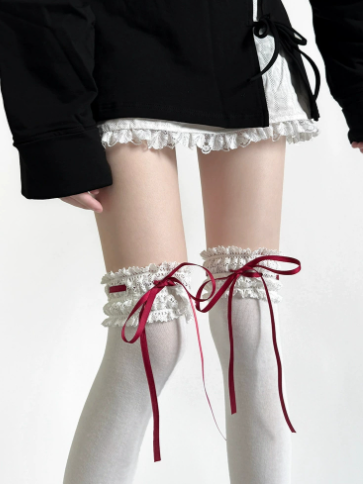 Ribbon Stockings Lace-Trimmed Bow Color 6 Options Sweet