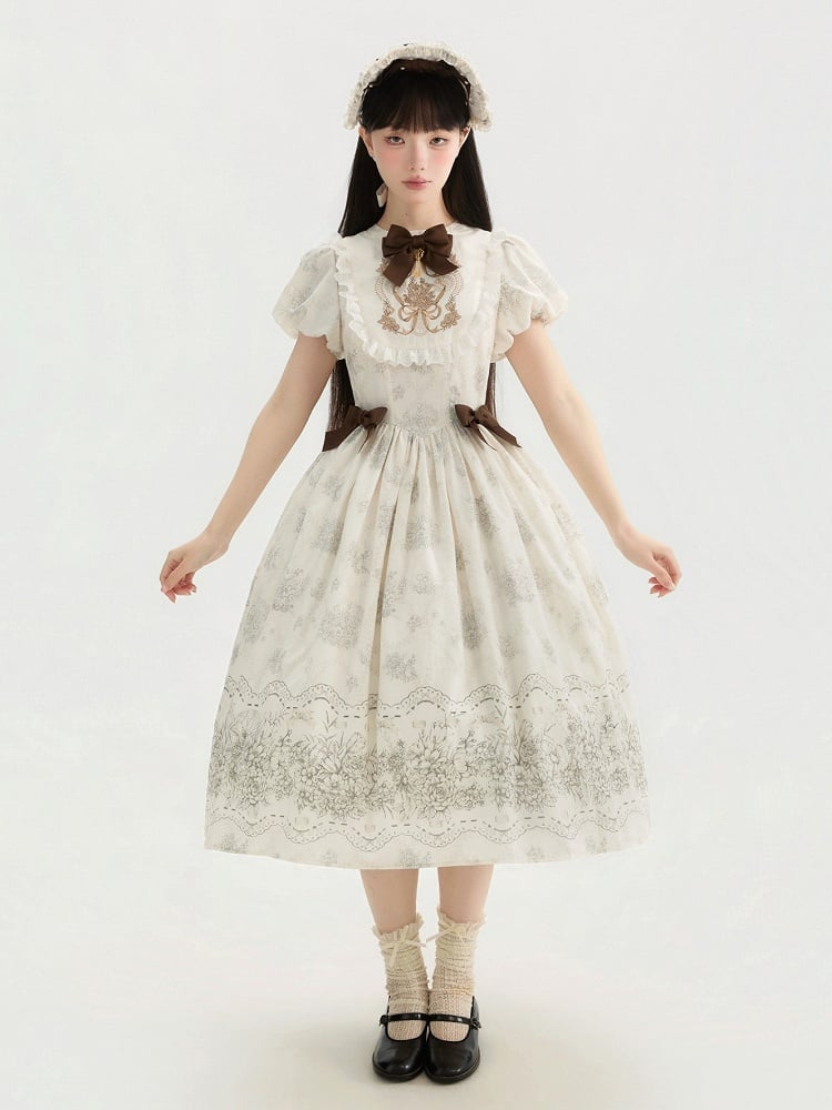 Lolita Bowknot White Floral Version One and Long Piece Embroidery Bodice Classic