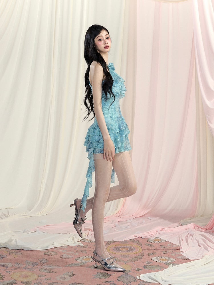 Blue-Green Asymmetrical Ruffled Hem Tiered Backless Prom Dress Skirt Mini Halter Neck