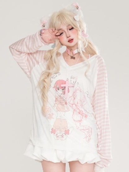 And Light Long Thin V-neck Blue/Pink Girl Top With Cartoon Sleeves Print Patterns Striped