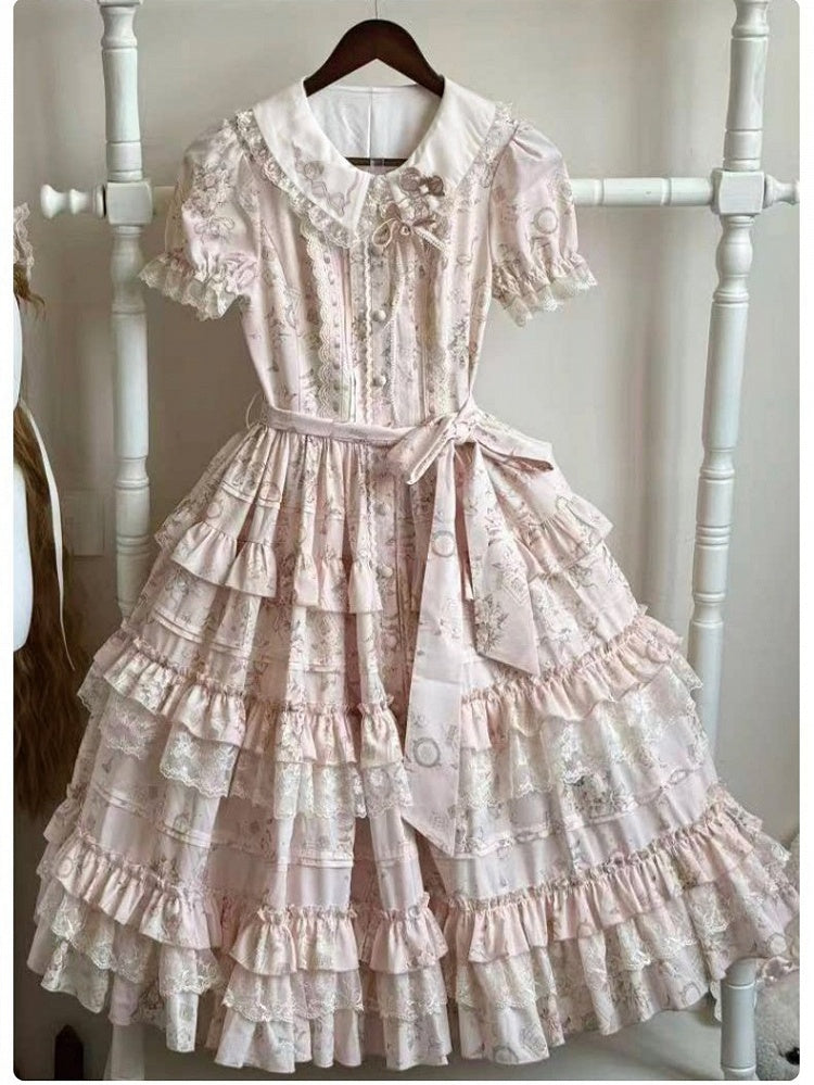 Sweet Jasmine Embroidered Pink OP Doll Collar Lolita A-Line Gown with Tiered Skirt - ZHIJINYUAN