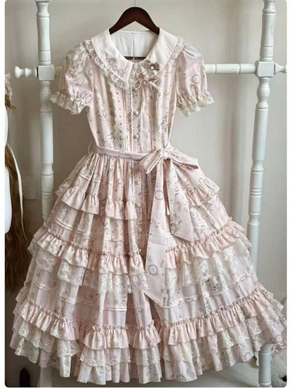 Sweet Jasmine Embroidered Pink OP Doll Collar Lolita A-Line Gown with Tiered Skirt - ZHIJINYUAN