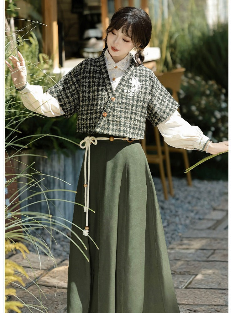 Floral Embroidered Plaid Top in Dark Green with White Blouse and Skirt Ensemble - Han Ru Chu Hanfu & Han-Element Studi