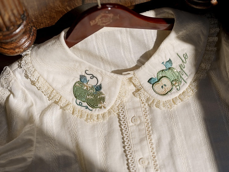 Green Apple Embroidery Collar Cream Short Sleeve Top - Dream Magic Box