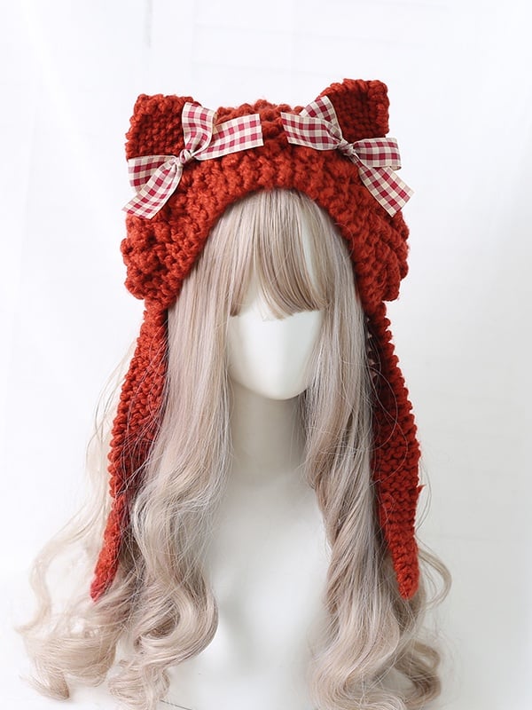 Cute 5 Bowknot Plaid Ear Kitty Hat With Colors Lolita Decoration Knitted