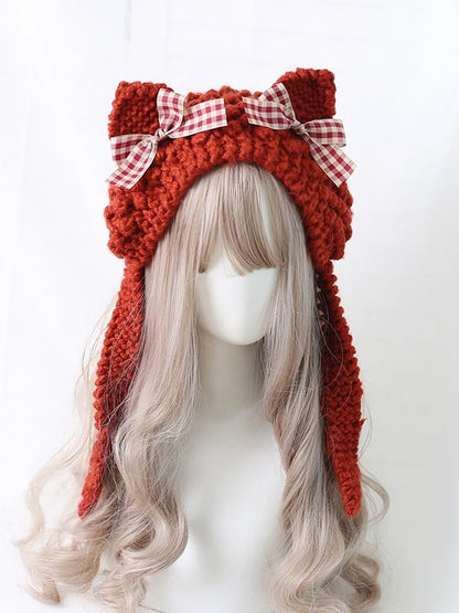 Cute 5 Bowknot Plaid Ear Kitty Hat With Colors Lolita Decoration Knitted
