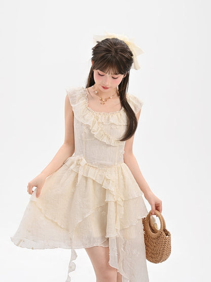 Tonal Beige Rüschen Ausschnitt Asymmetrische Urlaub Ärmelloses Kleid Saum Floral Stickerei