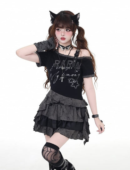 Tiered Skirt Gray Distressed Holes Lined