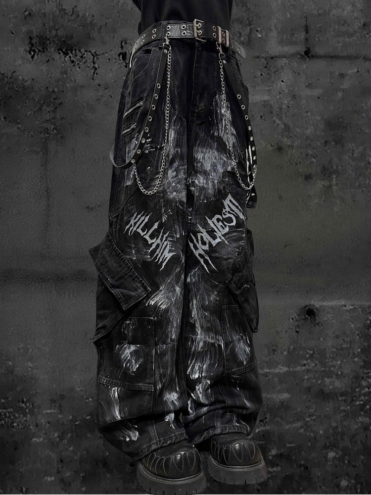 with Cargo Faded Wasteland Wash Paint-Splatter Black Jeans and Wide-Leg Punk Print