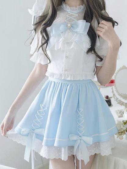 イリュージョンスカートショルダーブルークロスオープンホワイトデザイントップ+ネックラインケイセットジライ