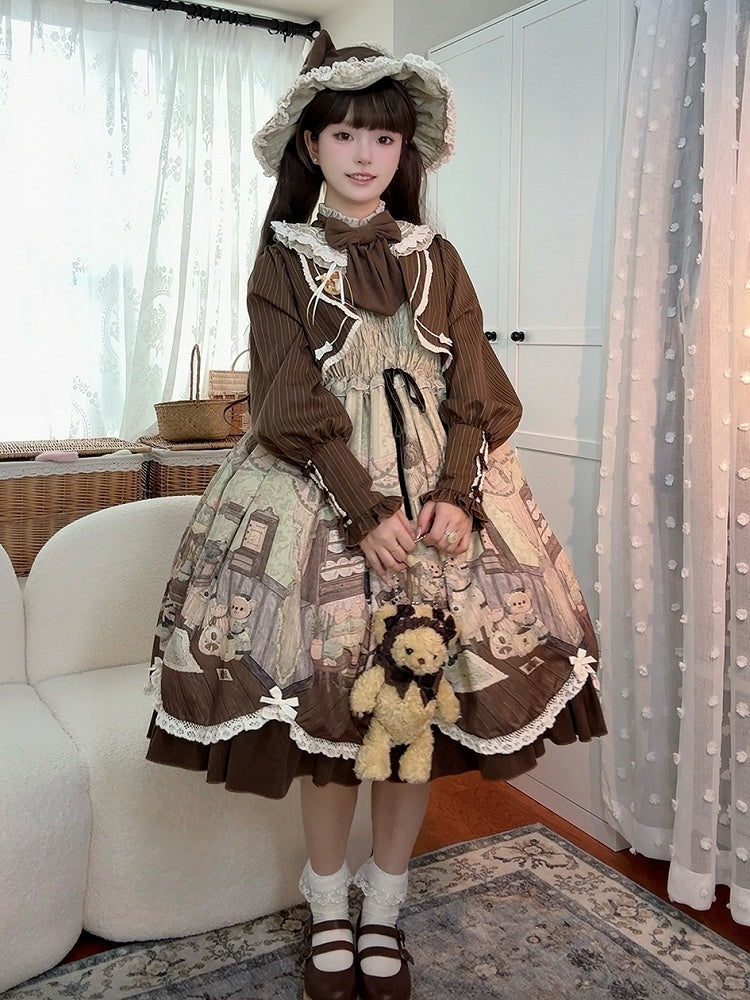 Drucken Lolita Zwei Teddy Haus Stücke Kleid Kaffee Design Lange Grüne Ärmeln