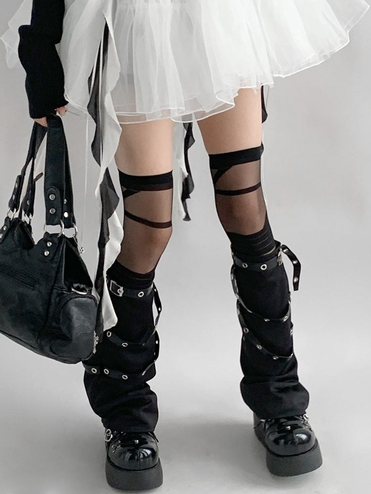 Schwarze Beinlinge mit Punk-Techwear-Schnallen