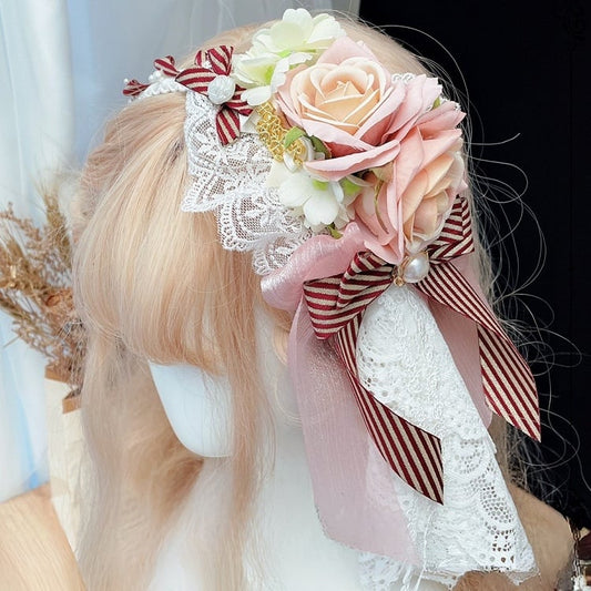 赤とピンクのクリスマスロゼットデザインストライプ柄の蝶結びディテールKC