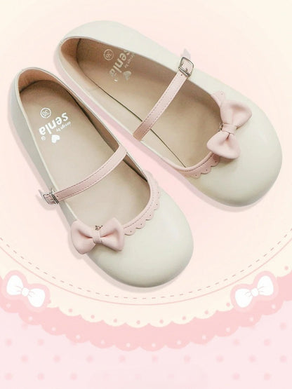 Shoes Bow Buckle Circle Lolita Beige Flat Pink with Toe Round Detachable Sweet