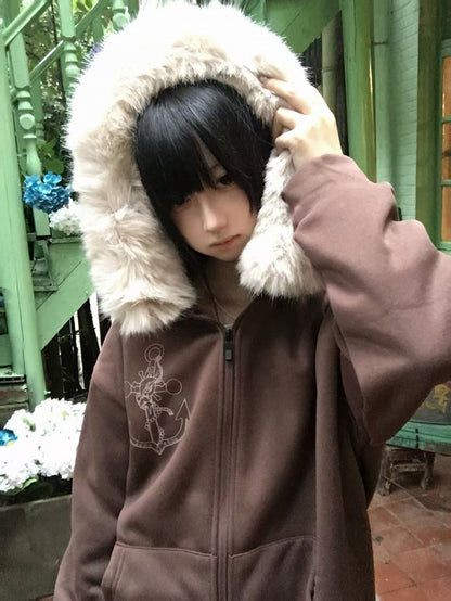 Necklace Fur-Collar Casual Starfish Anchor-Print Hoodie with Jirai Kei Zip Coffee