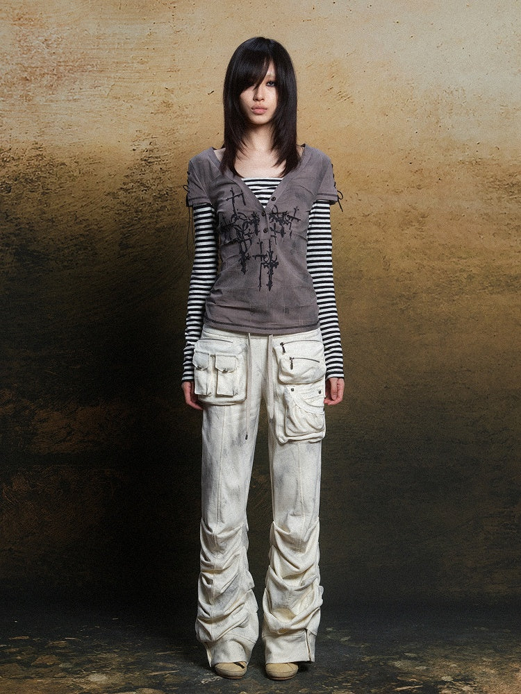 Punk Two-Piece Short Striped Sleeves Gray Khaki Faux with Lace-Up Top Motif Cross Long