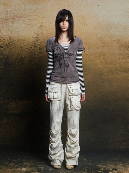 Punk Two-Piece Short Striped Sleeves Gray Khaki Faux with Lace-Up Top Motif Cross Long