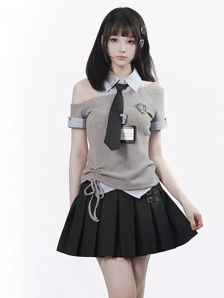Preppy Gray & Blue Asymmetrical Shirt Collar Top with Tie - PINK SAVIOR