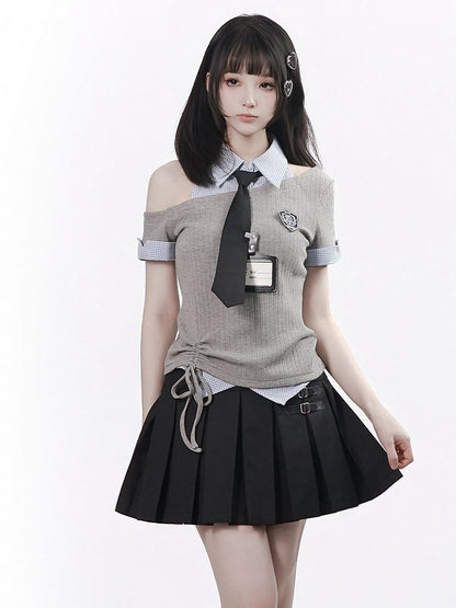 Preppy Gray & Blue Asymmetrical Shirt Collar Top with Tie - PINK SAVIOR