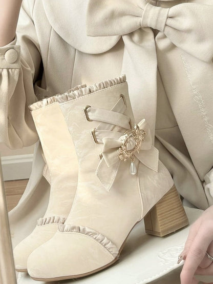 Apricot Lace-Up Round Toe Bow-Adorned Sweet Lolita Ankle Boots - Magic Peach