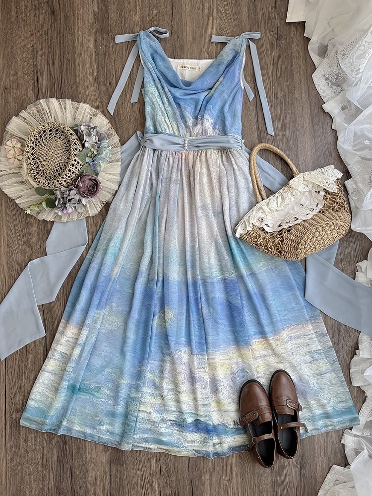 Blue Ocean Oil Painting Print Elegant Lolita Maxi Dress with Cowl Neckline and Tie Straps