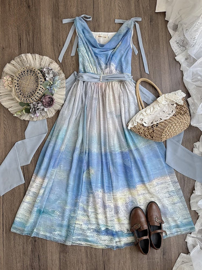 Blue Ocean Oil Painting Print Elegant Lolita Maxi Dress with Cowl Neckline and Tie Straps