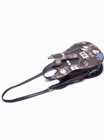 Guitar-shaped Sweetheart Brown Star Embroidered Design Plaid Bag