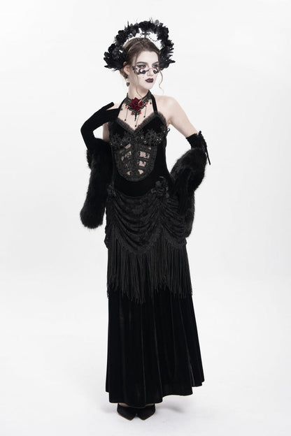Black Hollow Floral Embroidery Lace-Up Pleated Maxi Dress