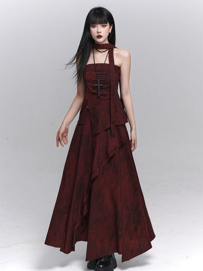 Red Ankle-Length  Gothic Splatter Skirt with Distressed