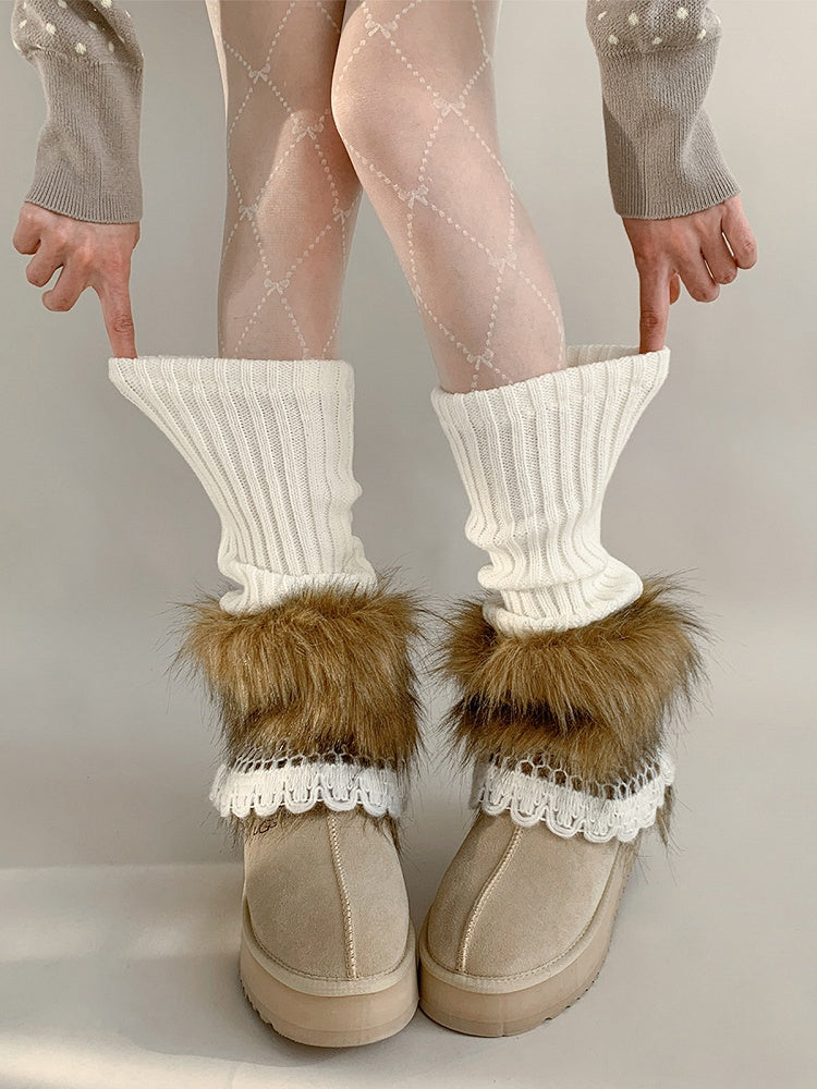 Ribbed Warmers Leg Trimmed Fur Faux Lace