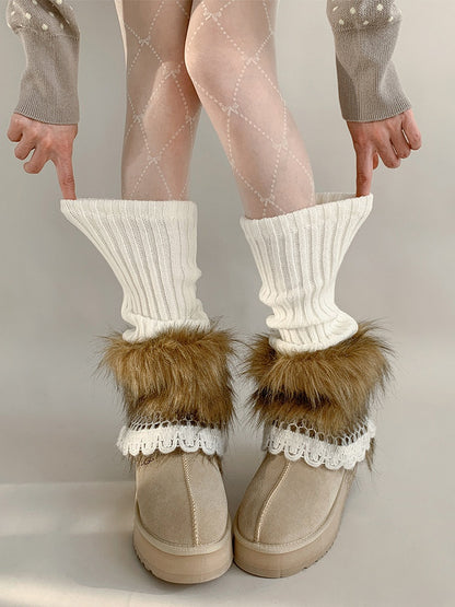 Ribbed Warmers Leg Trimmed Fur Faux Lace